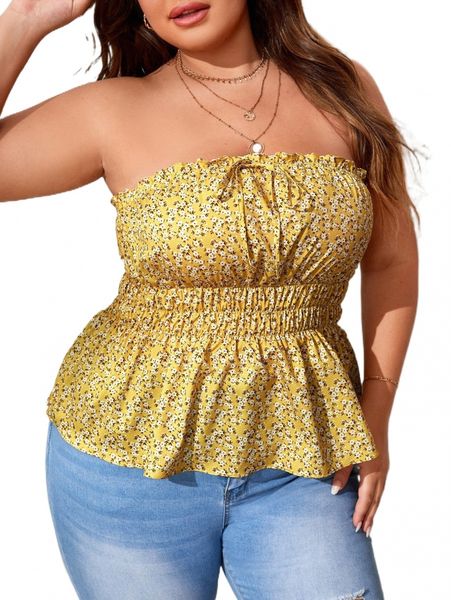 plus ditsy floral ruffle hem tube s9mi#, Black