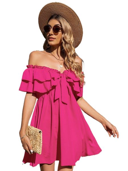 off shoulder frill knot front tiered layer dress d17l#, Black;gray 
off shoulder frill knot front tiered layer dress d17l#, Black;gray