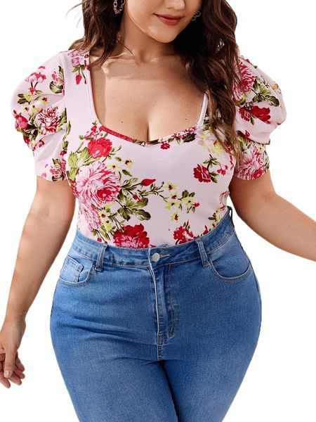 plus floral print puff sleeve tee s79m#, Black 
plus floral print puff sleeve tee s79m#, Black
