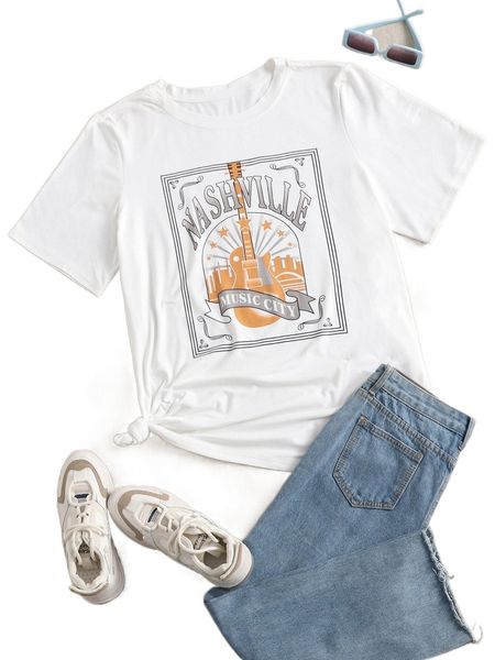 plus letter & guitar print tee f52u#, Black