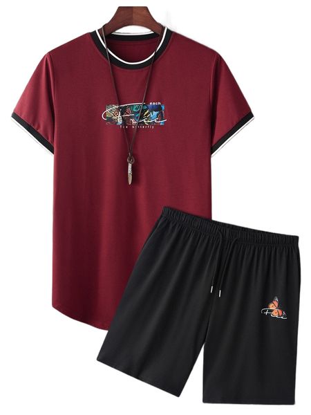 men butterfly & letter graphic stripe trim tee & drawstring waist shorts w4wo#, Gray
men butterfly & letter graphic stripe trim tee & drawstring waist shorts w4wo#, Gray