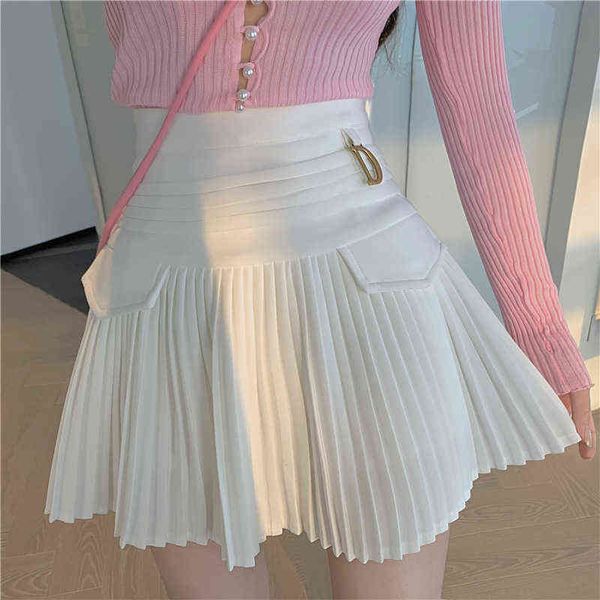 white pleated skirts women high waist mini skirt metal letter d design a-line clubwear korean streetwear show solid casual y220426, Black
white pleated skirts women high waist mini skirt metal letter d design a-line clubwear korean streetwear show solid casual y220426, Black
