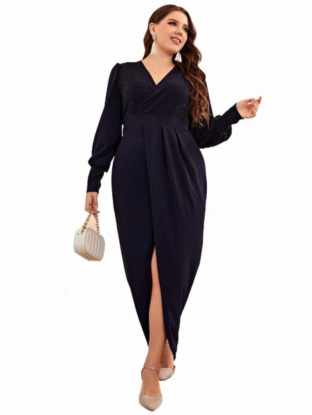 plus lantern sleeve slit thigh dress z1y7#, Black