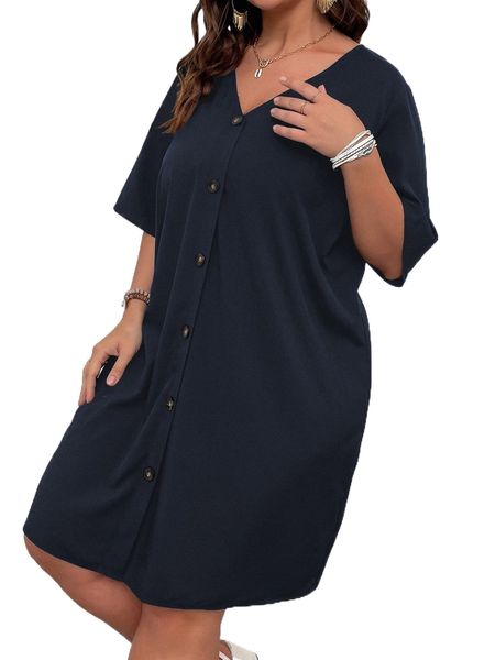 plus button front tunic dress w81f#, Black