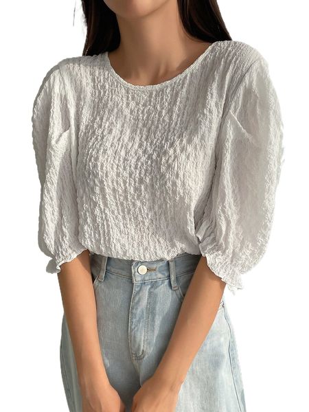 dazy puff sleeve textured keyhole back blouse p13a#, White 
dazy puff sleeve textured keyhole back blouse p13a#, White