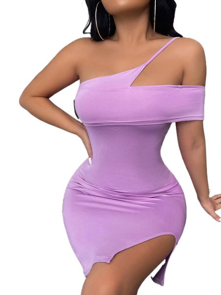 sxy solid split hem one shoulder bodycon dress d1y7#, Black;gray
sxy solid split hem one shoulder bodycon dress d1y7#, Black;gray