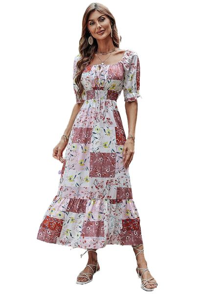 patchwork print shirred waist tie front puff sleeve ruffle hem dress k0il#, Black;gray
patchwork print shirred waist tie front puff sleeve ruffle hem dress k0il#, Black;gray