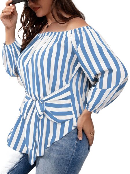 plus striped bishop sleeve off shoulder tie front blouse t0tb#, Black
plus striped bishop sleeve off shoulder tie front blouse t0tb#, Black