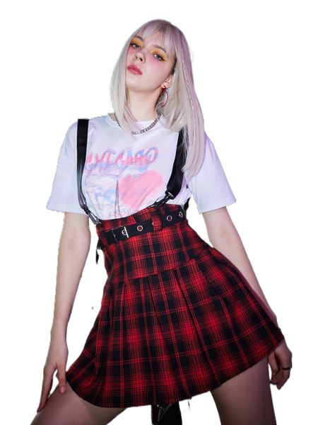 romwe plaid grommet eyelet pinafore skirt 63rb#, Black