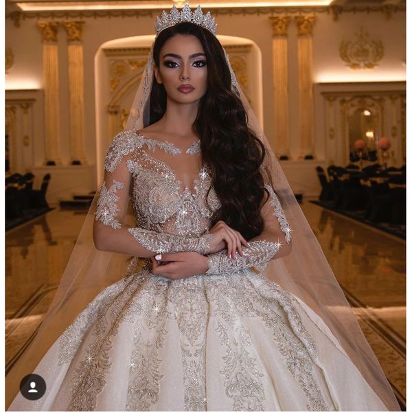 luxurious ball gown wedding dresses lace sequined long sleeve vintage bridal gowns plus size elegant vestido de novia, White 
luxurious ball gown wedding dresses lace sequined long sleeve vintage bridal gowns plus size elegant vestido de novia, White