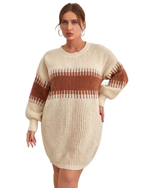 plus color block geo pattern lantern sleeve sweater dress s3bj#, Black 
plus color block geo pattern lantern sleeve sweater dress s3bj#, Black