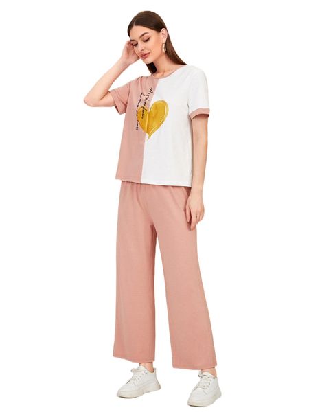 heart & slogan graphic two tone tee & pants w9aq#, White 
heart & slogan graphic two tone tee & pants w9aq#, White