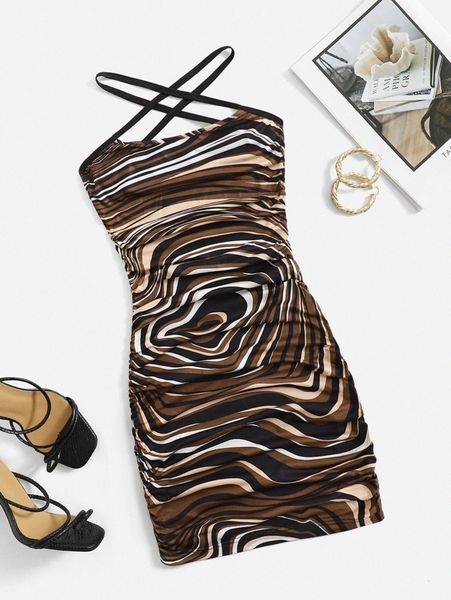 crisscross back marble print dress m7s2#, Black;gray