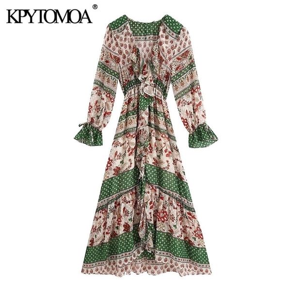kpytomoa women chic fashion ruffled printed midi dress vintage v neck long sleeve elastic waist female dresses vestidos y200805, Black;pink
kpytomoa women chic fashion ruffled printed midi dress vintage v neck long sleeve elastic waist female dresses vestidos y200805, Black;pink