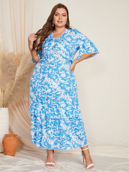 plus floral print ruffle trim petal sleeve dress d9ao#, Black 
plus floral print ruffle trim petal sleeve dress d9ao#, Black