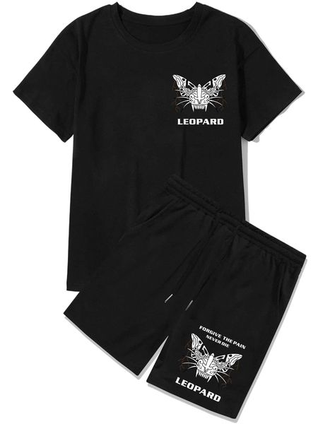 romwe guys leopard letter graphic tee & drawstring shorts 80vv#, Gray 
romwe guys leopard letter graphic tee & drawstring shorts 80vv#, Gray