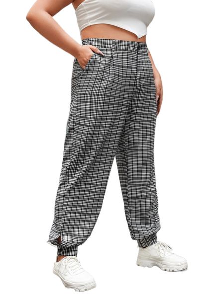 plus plaid slant pocket carrot pants c80j#, Black
