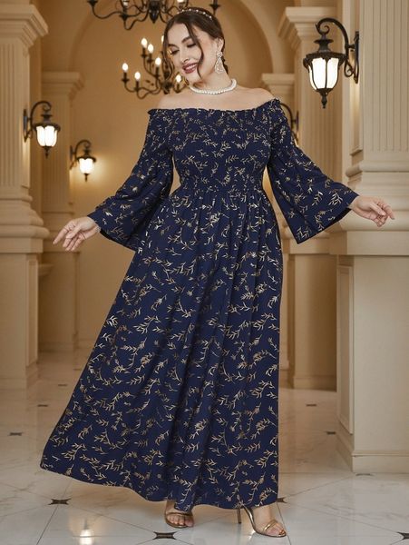 plus golden plant print off shoulder shirred trumpet sleeve dress d62c#, Black
plus golden plant print off shoulder shirred trumpet sleeve dress d62c#, Black