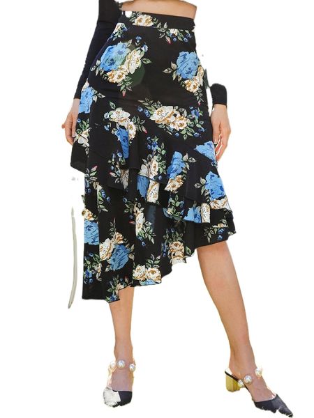asymmetrical ruffle hem floral print skirt x5v6#, Black 
asymmetrical ruffle hem floral print skirt x5v6#, Black