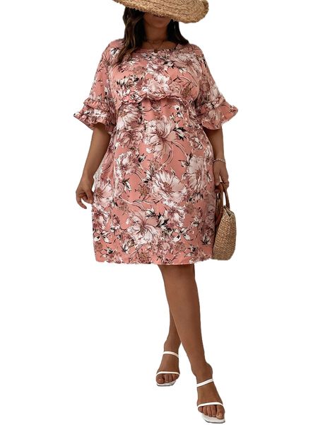 plus floral print flounce sleeve dress c1y2#, Black
plus floral print flounce sleeve dress c1y2#, Black