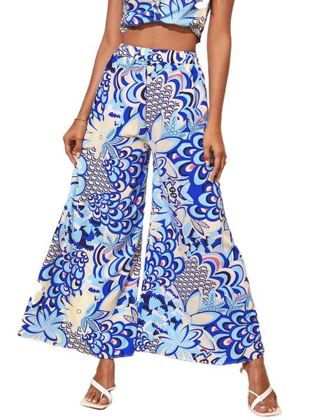 botanical print wide leg pants u9xg#, Black;white