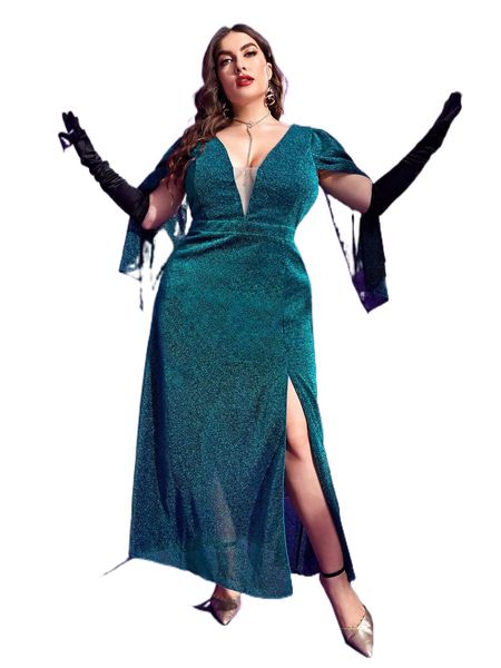 plus cloak sleeve mesh panel split thigh glitter dress q8j7#, Black
plus cloak sleeve mesh panel split thigh glitter dress q8j7#, Black