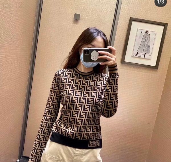designer autumn and winter 2021 new female slim double f letter round neck pullover sweater long sleeve 2022, White