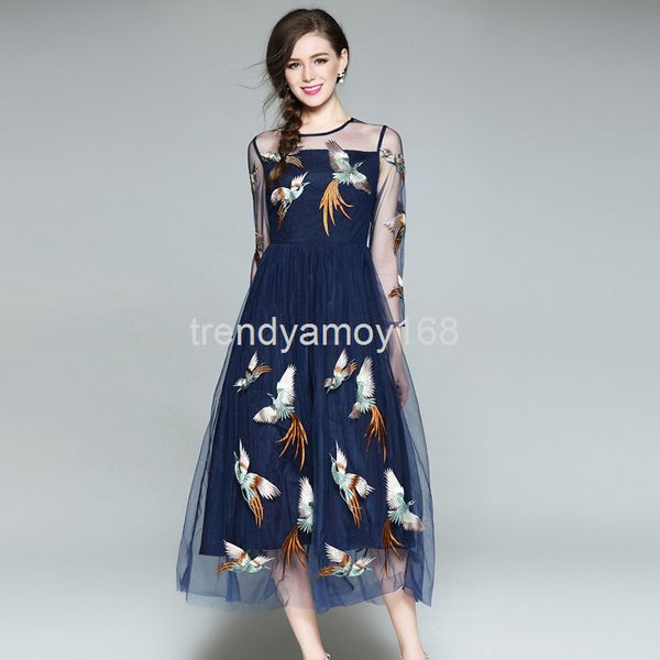 casual dresses 2017 spring and summer women's heavy industry embroidery perspective mesh celebrity temperament long skirt big swing dre, Black;gray 
casual dresses 2017 spring and summer women's heavy industry embroidery perspective mesh celebrity temperament long skirt big swing dre, Black;gray