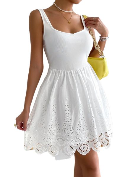 ribbed knit contrast eyelet embroidery dress v3gw#, Black;gray 
ribbed knit contrast eyelet embroidery dress v3gw#, Black;gray