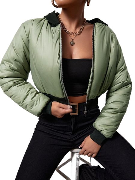 sxy contrast binding hooded puffer coat b5e9#, Black