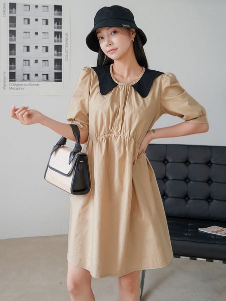 dazy contrast collar puff sleeve smock dress y9gz#, Black;gray 
dazy contrast collar puff sleeve smock dress y9gz#, Black;gray