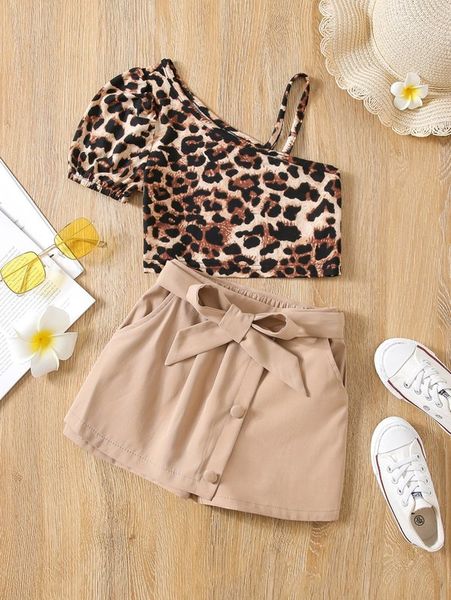 little girl leopard bubble sleeve asymmetric collar and fake button belt shorts she, White
little girl leopard bubble sleeve asymmetric collar and fake button belt shorts she, White