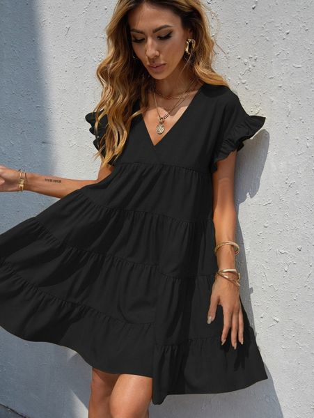 ruffle cuff flounce hem smock dress q3jv#, Black;gray