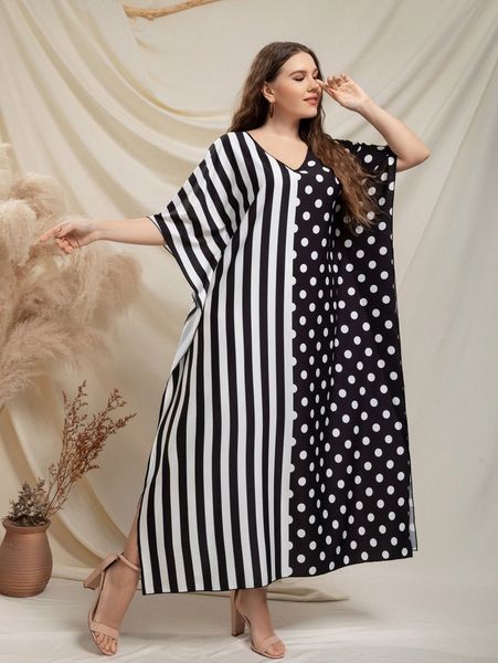 plus vertical striped & polka dot batwing sleeve split hem dress x1ec#, Black
plus vertical striped & polka dot batwing sleeve split hem dress x1ec#, Black