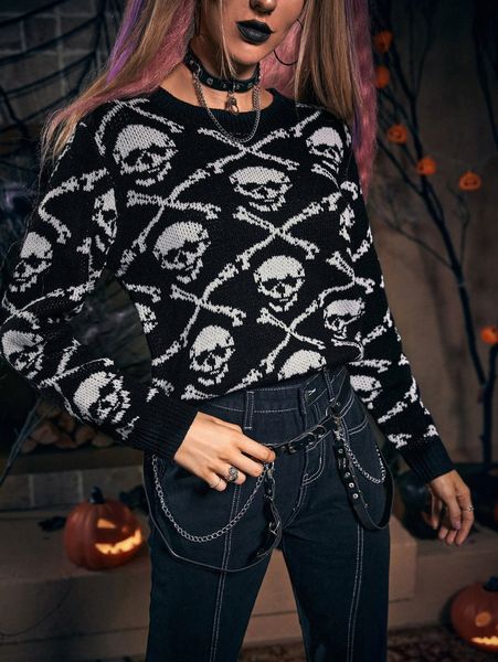 skull pattern sweater z2ix#, White;black 
skull pattern sweater z2ix#, White;black