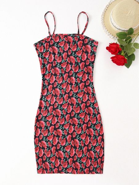 1pc allover floral print cami dress m33l#, Black;gray 
1pc allover floral print cami dress m33l#, Black;gray