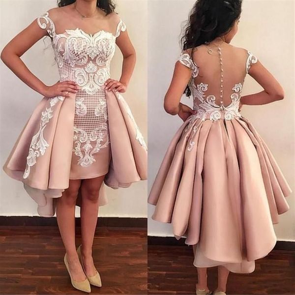 short cap sleeves prom dresses lace applique overskirt vestidos high low homecoming party, Black
short cap sleeves prom dresses lace applique overskirt vestidos high low homecoming party, Black