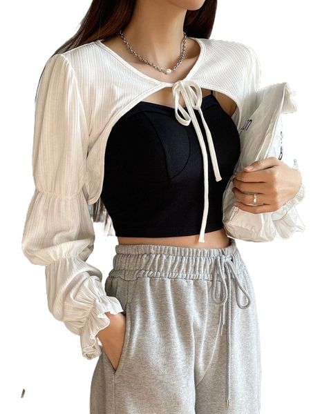 dazy 1pc tie front flounce sleeve crop 72aj#, White
dazy 1pc tie front flounce sleeve crop 72aj#, White