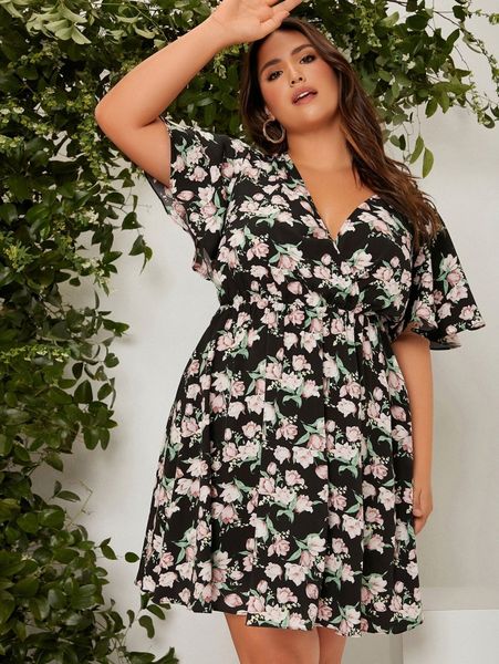 plus allover floral print butterfly sleeve dress i8kx#, Black
plus allover floral print butterfly sleeve dress i8kx#, Black