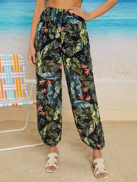 tropical print carrot pants w5ne#, Black;white