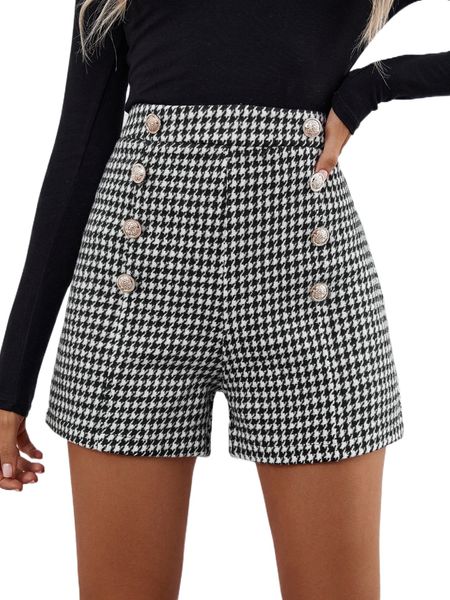 houndstooth print double button shorts l7hf#, White;black 
houndstooth print double button shorts l7hf#, White;black