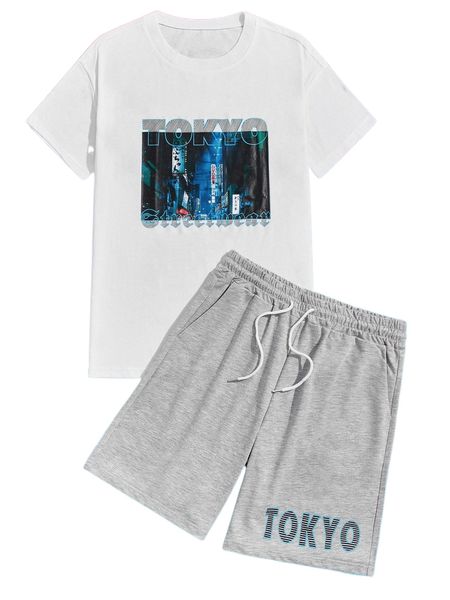 romwe letter graphic tee & drawstring shorts x8wr#, Gray