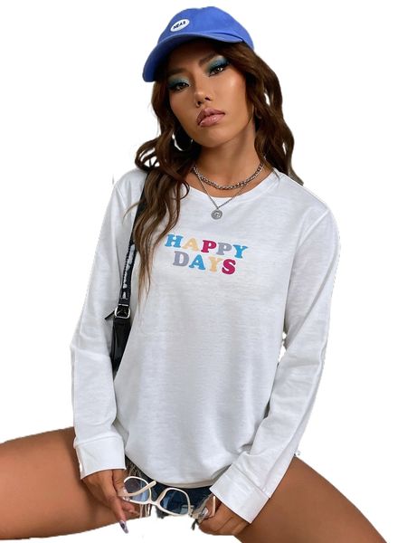letter graphic round neck sweatshirt v1h7#, Black