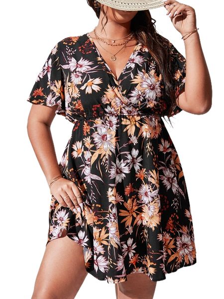 plus floral print flutter sleeve overlap collar dress q9ex#, Black