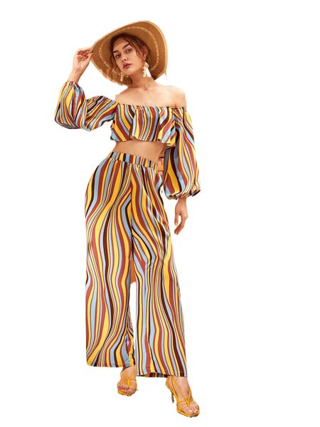 striped colorblock off shoulder lantern sleeve crop & palazzo pants set o4jm#, White
striped colorblock off shoulder lantern sleeve crop & palazzo pants set o4jm#, White