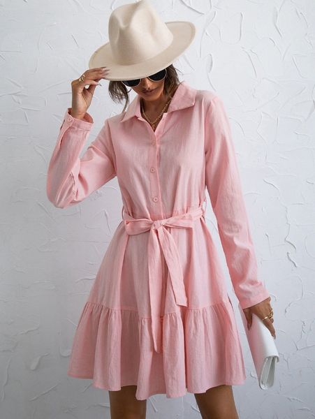 ruffle hem belted shirt dress v9lk#, Black;gray 
ruffle hem belted shirt dress v9lk#, Black;gray