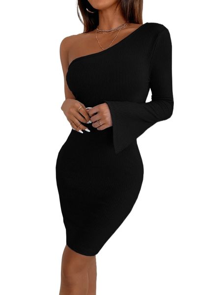 one shoulder split cuff bodycon dress o5uf#, Black;gray 
one shoulder split cuff bodycon dress o5uf#, Black;gray