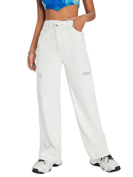 ripped washed straight leg jeans 35bu#, Blue