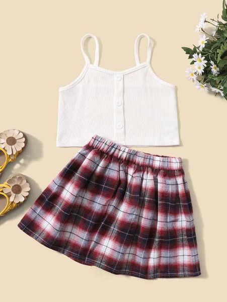 toddler girls solid cami & tartan print skirt she, White
toddler girls solid cami & tartan print skirt she, White