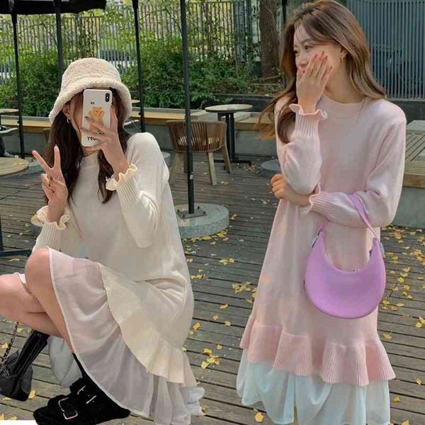 pregnant women long knitting dress chiffon zoom patchwork ruffles female loose dress sweet maternity basic dress wholesale j220628, White 
pregnant women long knitting dress chiffon zoom patchwork ruffles female loose dress sweet maternity basic dress wholesale j220628, White